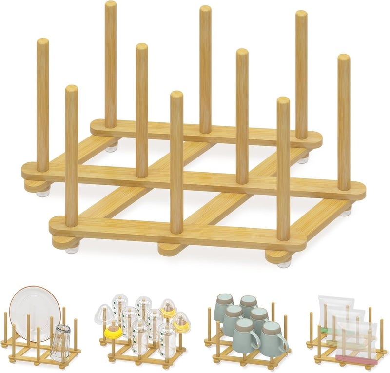 EsLuker.ly Baby Bottle Drying Rack Bamboo Vertical Dryer Holder, Foldable Space Saving for 10 Milk Glass Bottle Countertop, Wooden Drain Stand Shelf for New Parents - Image 1
